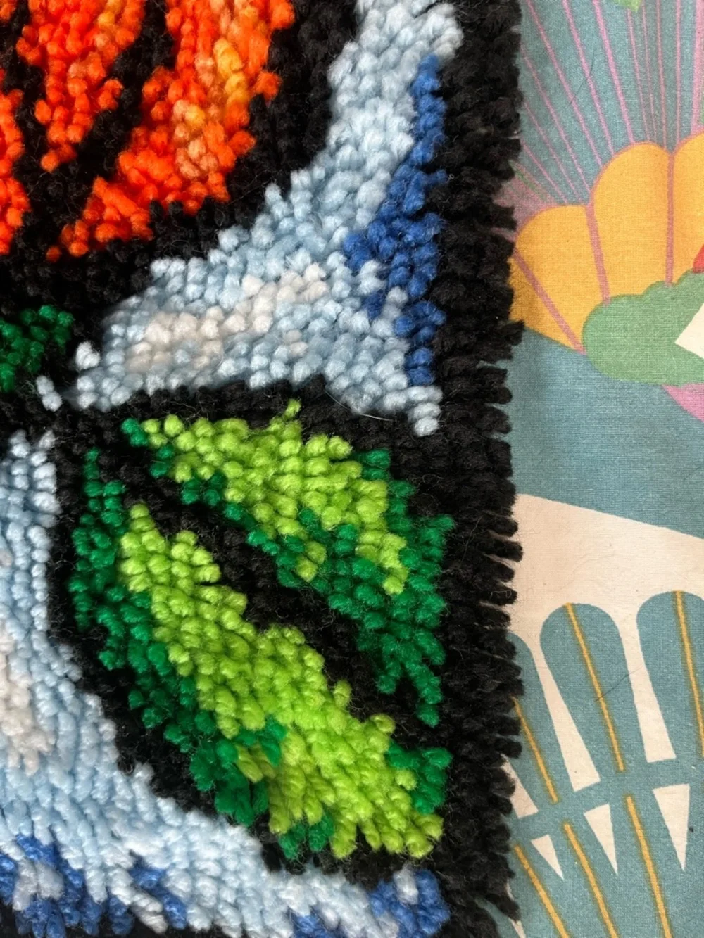 Vintage Handmade Floral Butterfly Latch Hook Wall Hanging - Orange, Blue, Purple